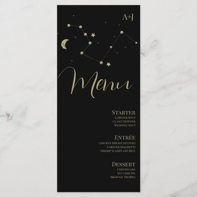Constellation Script Black Gold Wedding Menü Menükarte (Vorderseite)
