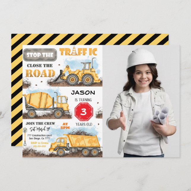 Construction Anniversaire Fête Invitation Avec Pho (Devant / Derrière)