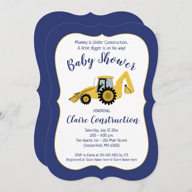 Construction Backhoe Boy Baby shower Invitation (Devant / Derrière)