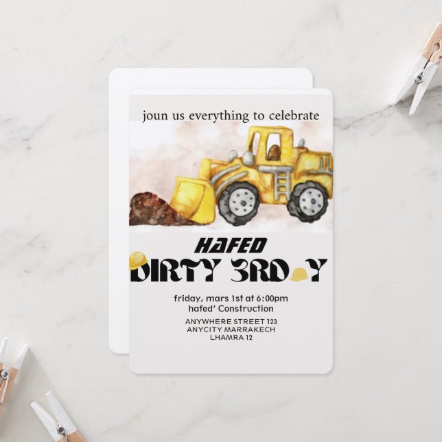 Construction Birthday Invitation Editable Dump Tru (Devant/Arrière en situation)