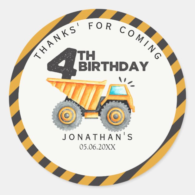 Construction Birthday Party 4 Years Runder Aufkleber (Vorderseite)