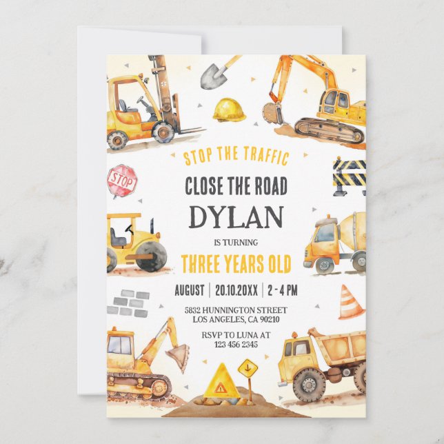Construction Boy Birthday Invitation (Devant)