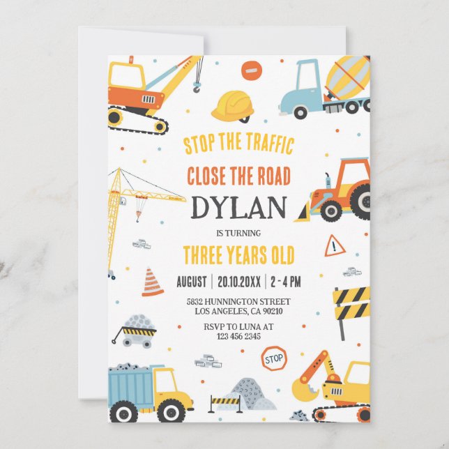 Construction Boy Birthday Invitation (Devant)