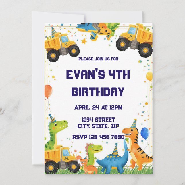 Construction Dinosaur Birthday Invitation Dump Einladung (Vorderseite)