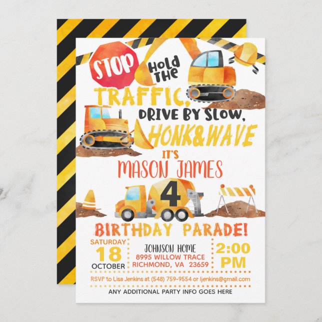 Construction Drive By Birthday Parade Invitation (Devant / Derrière)