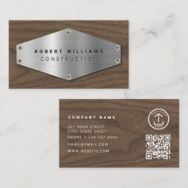 Construction Metal QR Code Metallic Silver Wood Visitenkarte