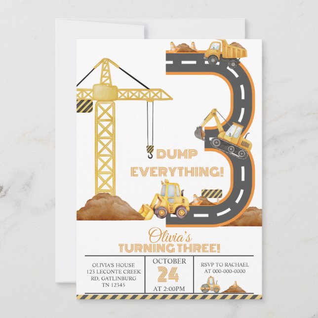 Construction Truck 3rd Birthday Invitation (Devant)
