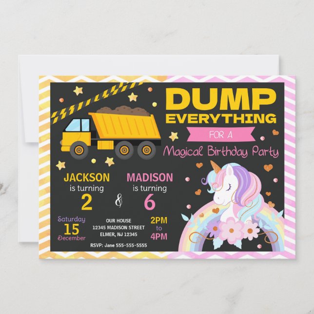 Construction & Unicorn Joint Birthday Invitation (Devant)
