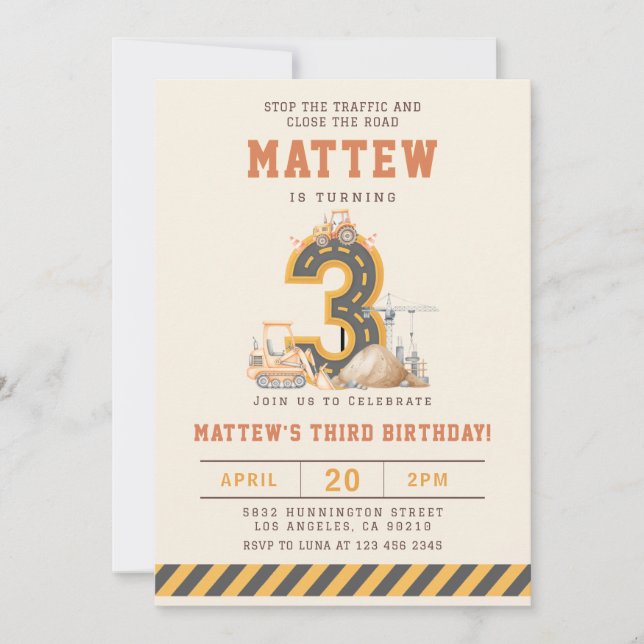 Construction Vehicles 3rd Birthday Invitation Einladung (Vorderseite)