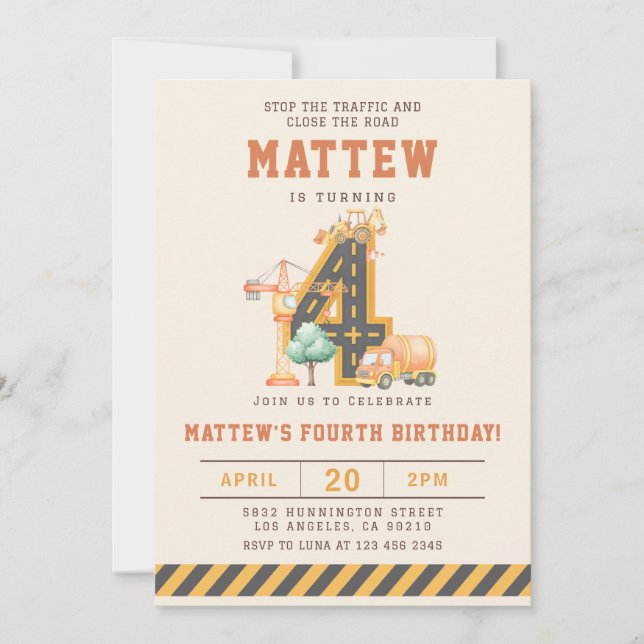 Construction Vehicles 4th Birthday Invitation (Devant)
