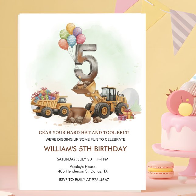 Construction Vehicles 5th Birthday Invitation  Einladung (Von Creator hochgeladen)