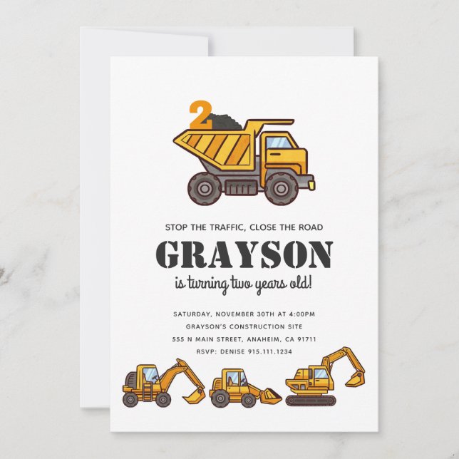 Construction Vehicles Birthday Party Invitation Einladung (Vorderseite)