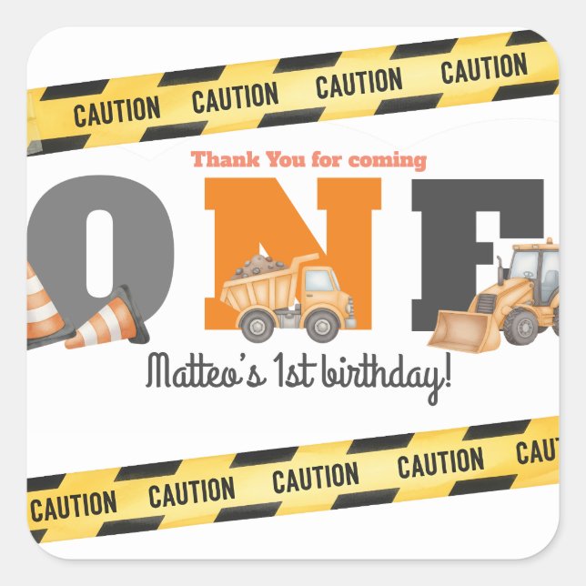 Construction Vehicles First Birthday Dump Truck Quadratischer Aufkleber (Vorderseite)