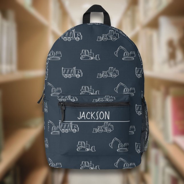 Construction Vehicles School Boys Name Dark Blue Bedruckter Rucksack (Von Creator hochgeladen)