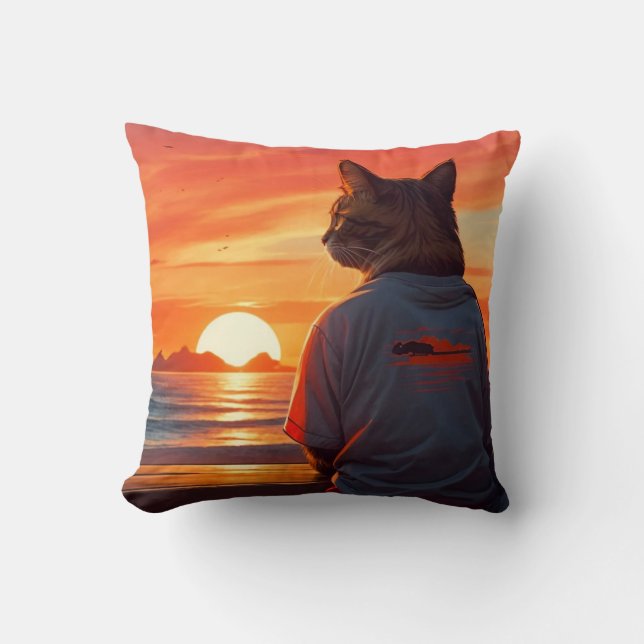 "Contemplative Cat at Sunset: Whimsical Beach Art" Kissen (Vorderseite)