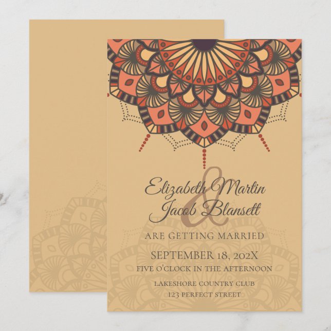 Contemporary Brown Peach Mandala Wedding Einladung (Vorne/Hinten)