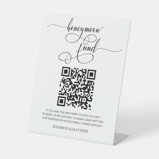 Contemporary Calligraphy Honeymoon Fund QR Code Pe Sockelschild (Vorderseite)