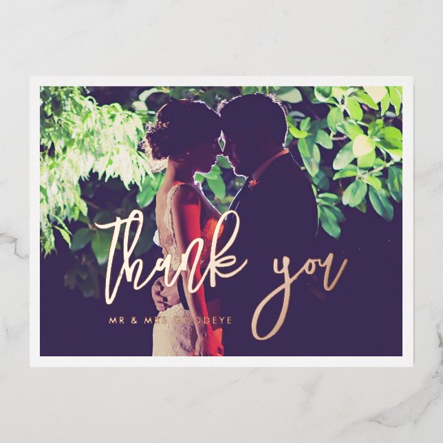 Contemporary Danke Foto Rose Gold Postkarte (Vorderseite)