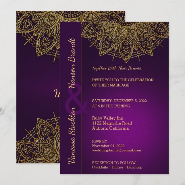 Contemporary Gold Mandala Wedding Einladung (Vorne/Hinten)