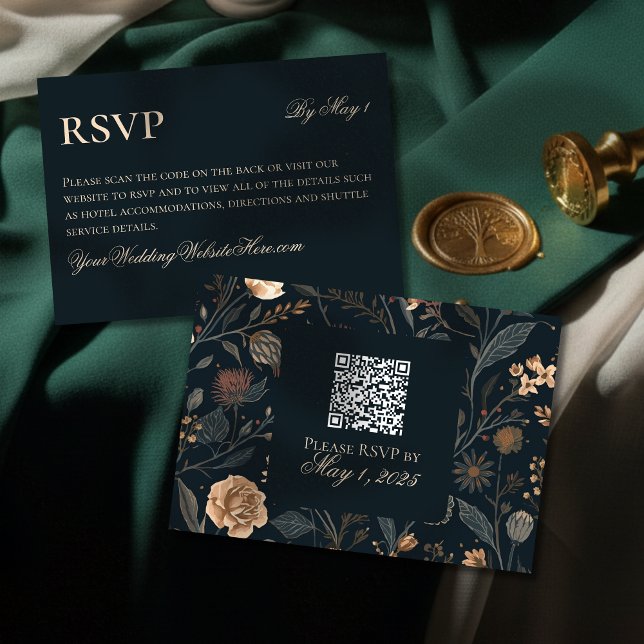 Contemporary Modern Black Floral Wedding RSVP Karte (Announce your celebration with timeless elegance using this Contemporary Black Floral Wedding RSVP!)