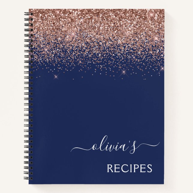 Cookbook Rose Gold Pink Navy Blue Glitzer Monogram Notizbuch (Vorderseite)