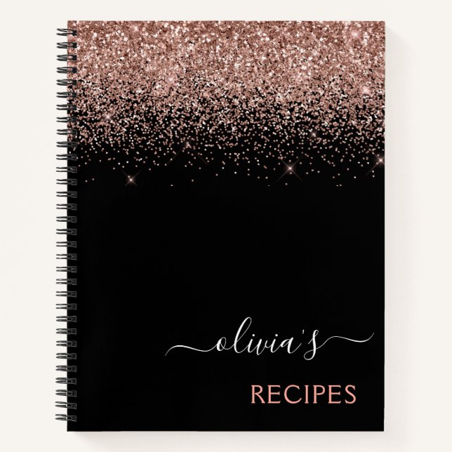 Cookbook Rose Gold Rosa Schwarzer Glitzer Monogram Notizbuch (Vorderseite)