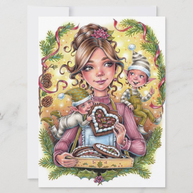 Cookie Elves Weihnachtsfamilie Backen Joy Art Card (Vorderseite)