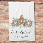 Cookie Exchange Geschirrtuch<br><div class="desc">Dieses Küchentuch des Cookie Exchange-Party ist mit Aquarellkeksen,  festlichem Grün und Beeren dekoriert. Einfach anpassbar. Weil wir unsere Kunstwerke erstellen,  werden Sie dieses exakte Bild von anderen Designern nicht finden. Original Wasserfarbe © Michele Davies.</div>