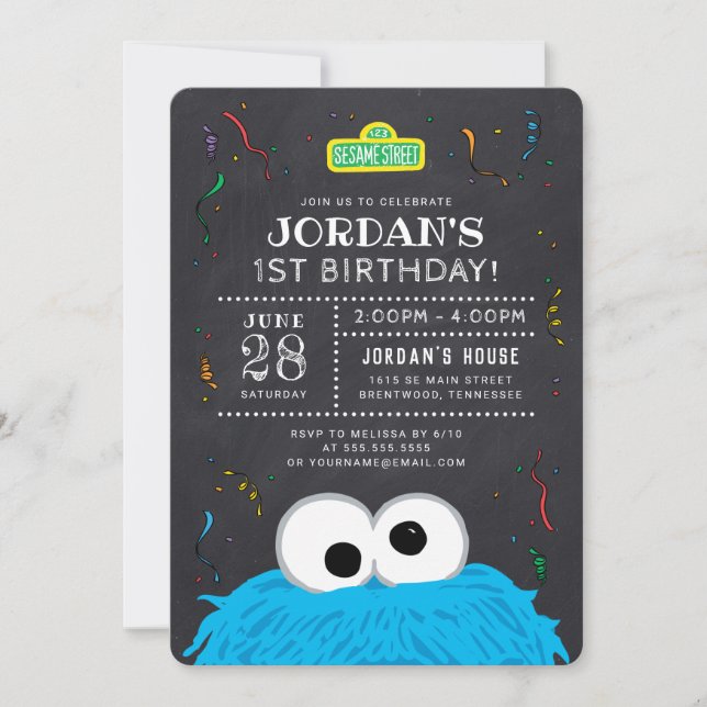 Cookie Monster Chalkboard Confetti Geburtstag Einladung (Vorderseite)
