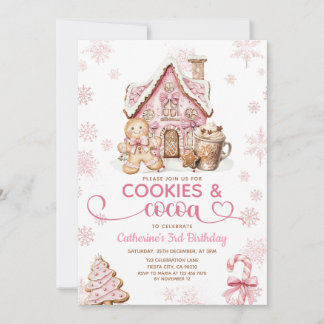 Cookies & Cocoa Birthday Pink Snowflakes Holiday Einladung