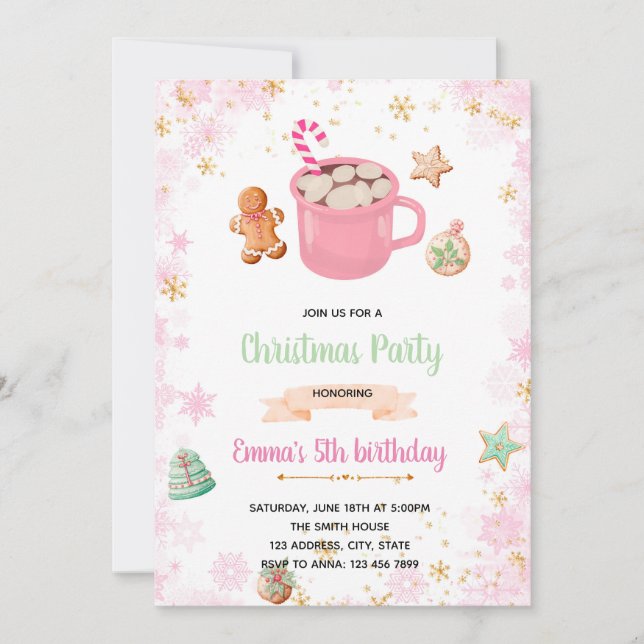 Cookies d'hiver roses et invitation de cacao (Devant)