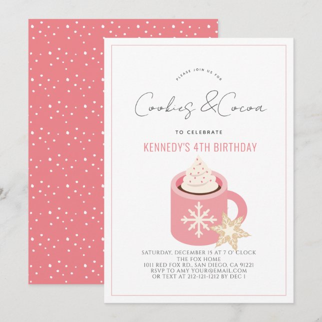 Cookies & Kakao Heiße Schokolade Rosa Tasse Geburt Einladung (Vorne/Hinten)
