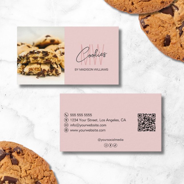 Cookies Monogram Logo Bakery Foto QR Pink Visitenkarte (Cookies Monogram Logo Bakery Photo QR Pink Business Card)