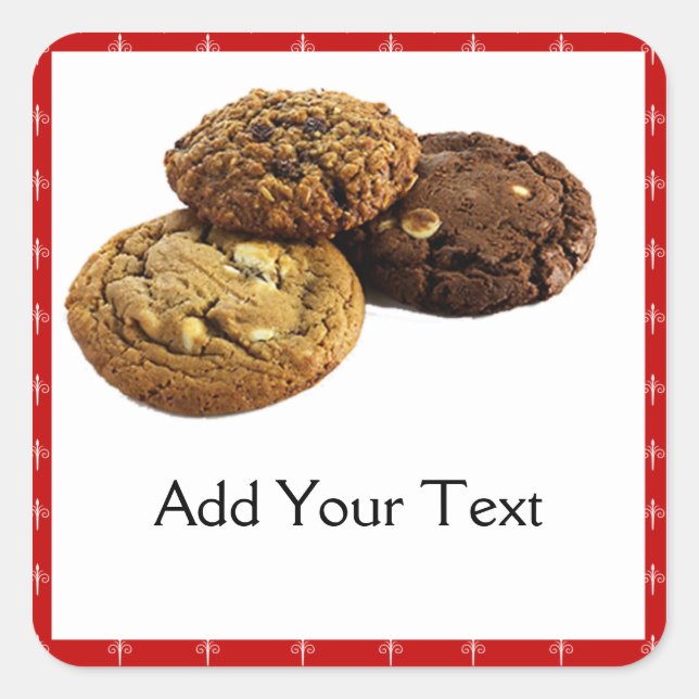 Cookies und andere köstliche Desserts auf Rot Quadratischer Aufkleber (Vorderseite)