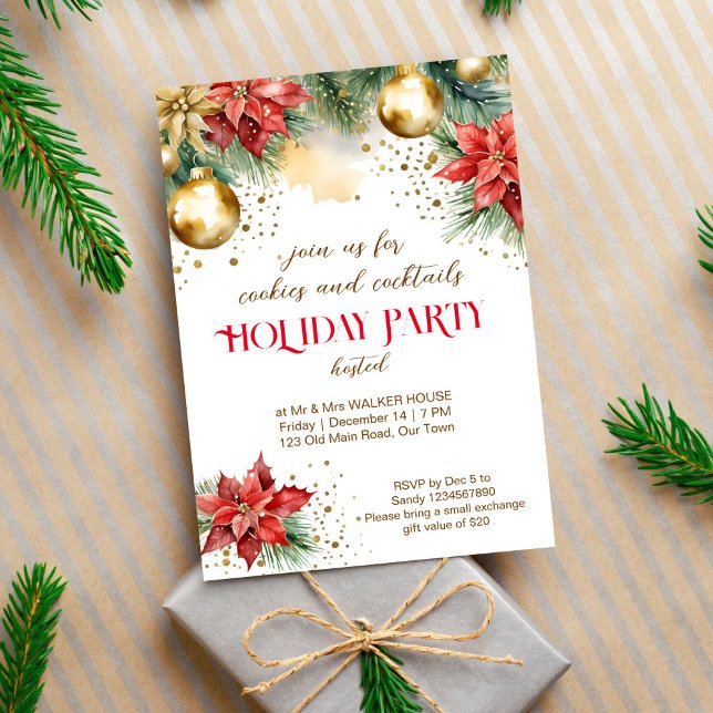 Cookies und Cocktails Weihnachtsessen Party Einladung (Cookies and cocktails Christmas holiday party editable template invitation digital download gold red)