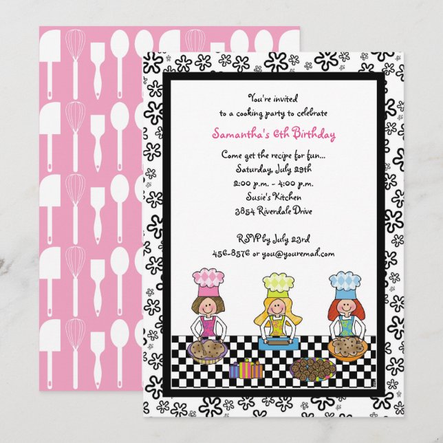 Cooking Party Girls Backen Kindergeburtstag Einladung (Vorne/Hinten)