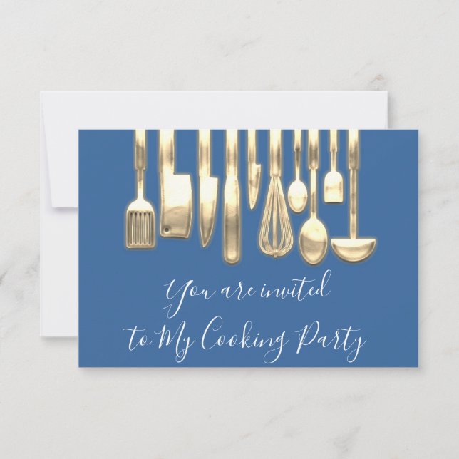 Cooking Party Koch Golden Kitchen Blue Gold Einladung (Vorderseite)