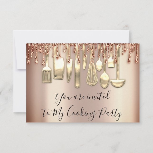 Cooking Party Koch Küche Rose Gold Glitzer Tropfen Einladung (Vorderseite)