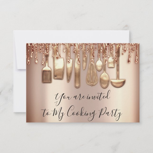 Cooking Party Koch Küche Rose Gold Tropfen Metal Einladung (Vorderseite)