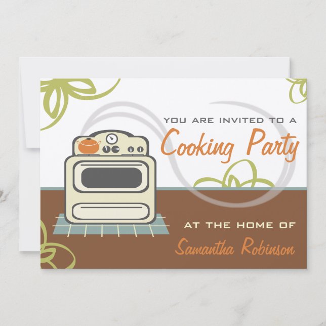 Cooking Party - Retro Stove Brown Orange Blue Einladung (Vorderseite)