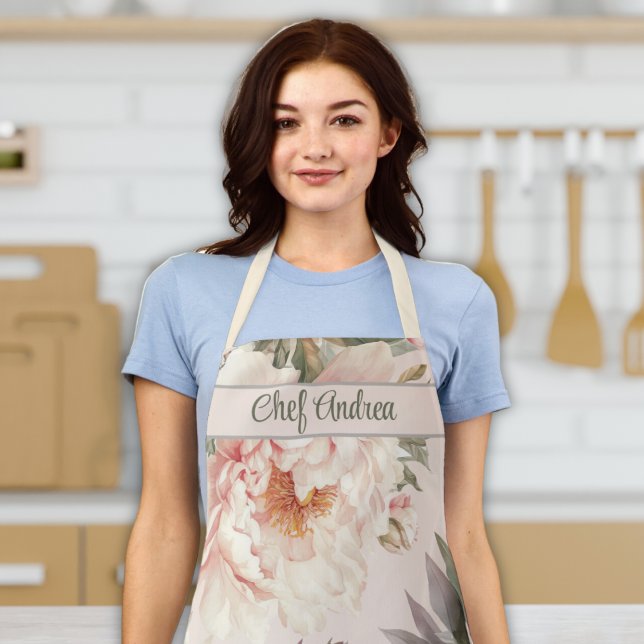 Cooking Water Color Floral Peony Schürze (custom name women's apron pink floral roses peony floral cooking baking apron gift for women for her)