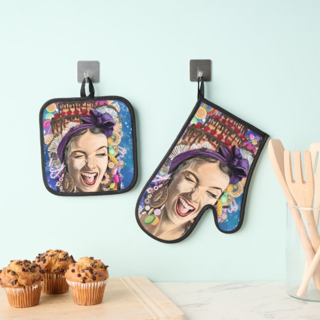 Cooking Woman Funny Oven Mitt & Pot Holder Set (Insitu (Hängend))
