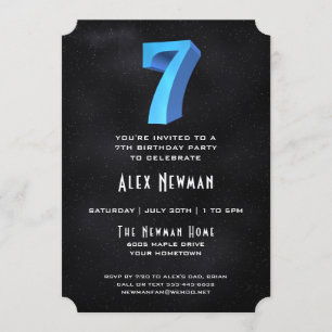 Cool 3D sur Black 7th Birthday Party Invitation