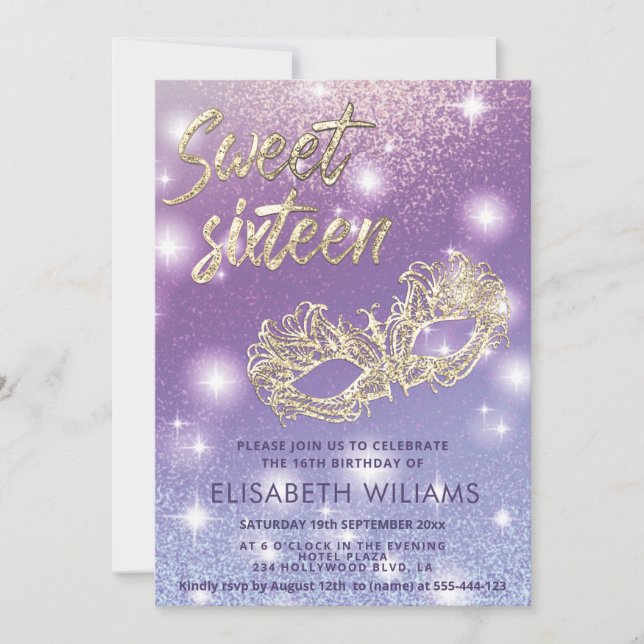 Cool Adorable Masquerade Chic lilac Goldglitterie Einladung (Vorderseite)