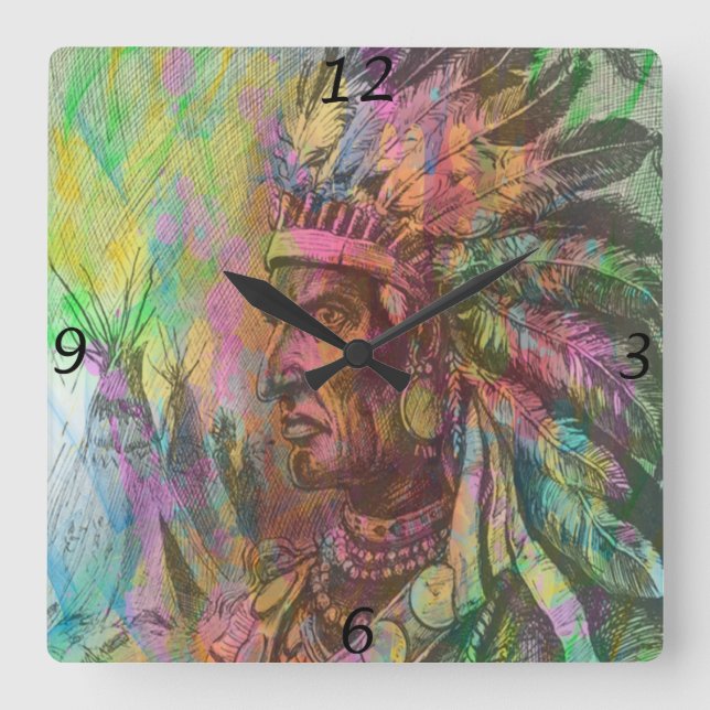 Cool antique native american Indian clipart colour Quadratische Wanduhr (Vorderseite)