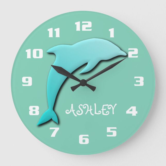 Cool Aqua Blue Dolphin Monogram Große Wanduhr (Vorderseite)
