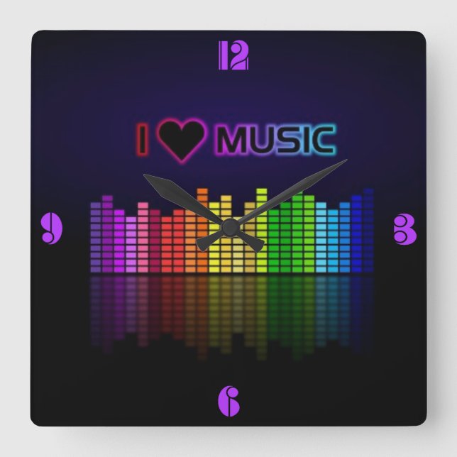 Cool awesome trendy "I Love Music" neon colours Quadratische Wanduhr (Vorderseite)
