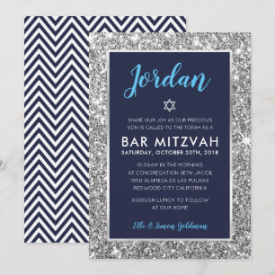 cool BAR MITZVAH entre invitation bleu marine et a