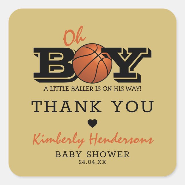 Cool Basketball "Oh Boy" Kinderdusche Danke Quadratischer Aufkleber (Vorderseite)