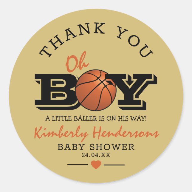 Cool Basketball "Oh Boy" Kinderdusche Danke Runder Aufkleber (Vorderseite)